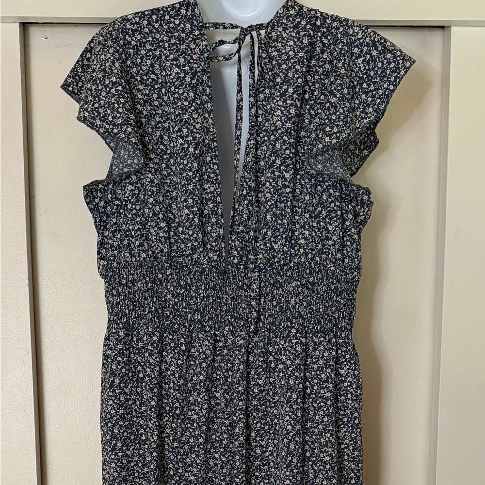 Navy Floral Print Jumpsuit, Lightweight, Ruffle Hem - Picture 5 of 5